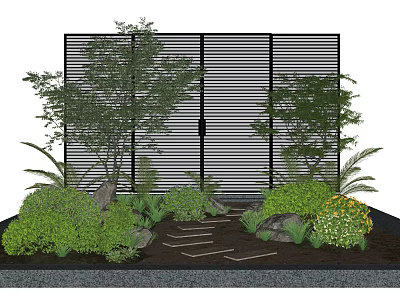 Garden Greenery With Slatted Screen Various Plants Shrubs And Stepping Stones Path 3d model