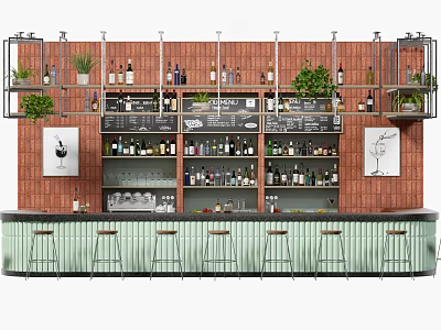 Stylish Bar Counter With Brick Wall Green Plants Wine Bottles And Stools 3d model