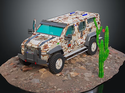 Camouflage Off Road Vehicle with Cactus and Rocks on Desert Terrain 3d model