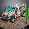 Camouflage Off Road Vehicle with Cactus and Rocks on Desert Terrain