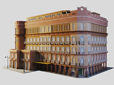 Classical Style Multi story Building Model Featuring Balconies Arched Windows And Street Lamp 3d model