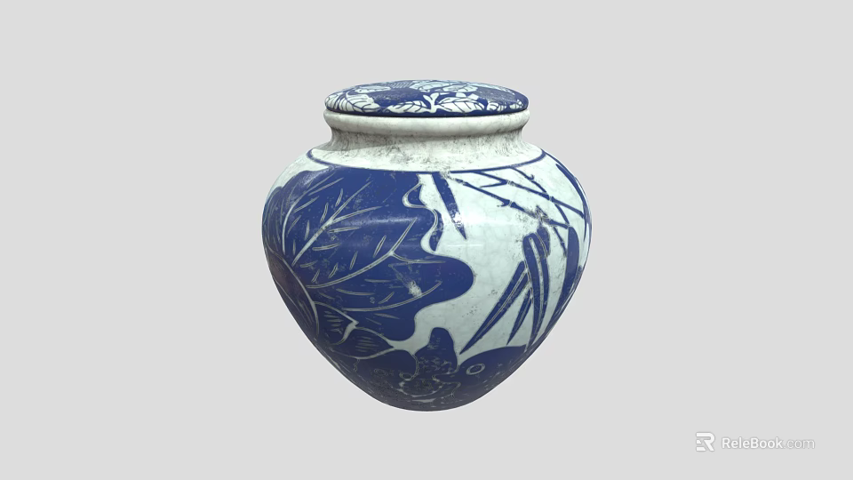 Traditional Blue And White Porcelain Jar With Lid And Leaf Bamboo Patterns 3d model 