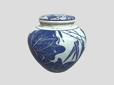 Traditional Blue And White Porcelain Jar With Lid And Leaf Bamboo Patterns 3d model