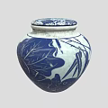 Traditional Blue And White Porcelain Jar With Lid And Leaf Bamboo Patterns