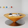 Orange Conical Base Coffee Table With Open Book Camera And Colorful Wall Spheres 3d model