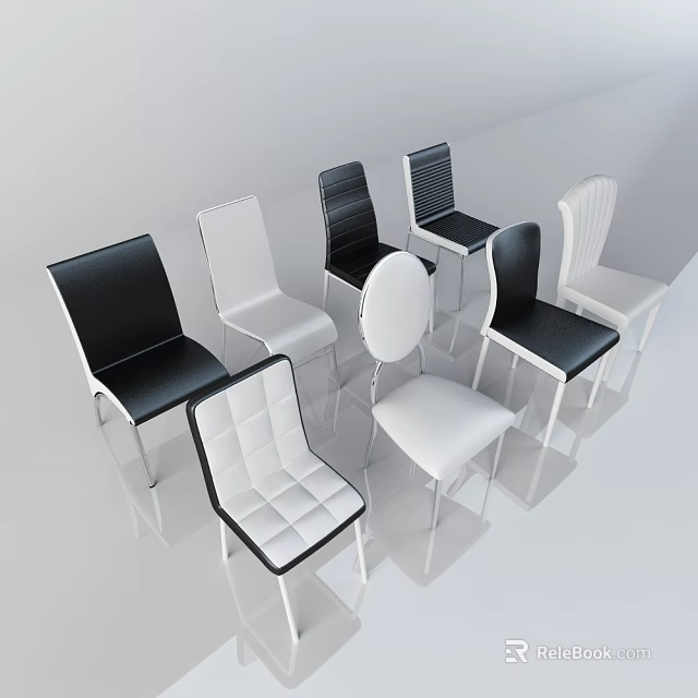 Modern Black and White Dining Chairs with Leather Upholstery and Metal Legs 3d model 