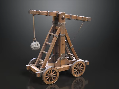 Wooden Medieval Catapult With Wheels Ladder Structure Rope And Stone Ball 3d model