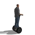 A Man Wearing Plaid Shirt And Jeans Standing On Two Wheeled Segway Transporter