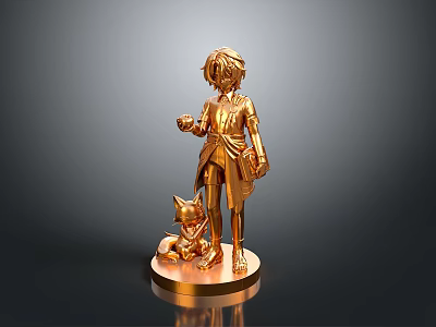 Golden Statue Standing Figure With Small Animal Companion On Circular Shiny Base 3d model