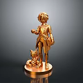 Golden Statue Standing Figure With Small Animal Companion On Circular Shiny Base
