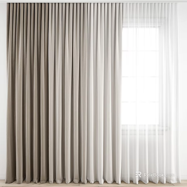 Beige Thick Curtains With White Sheer Panels For Elegant Window Light Control 3d model 