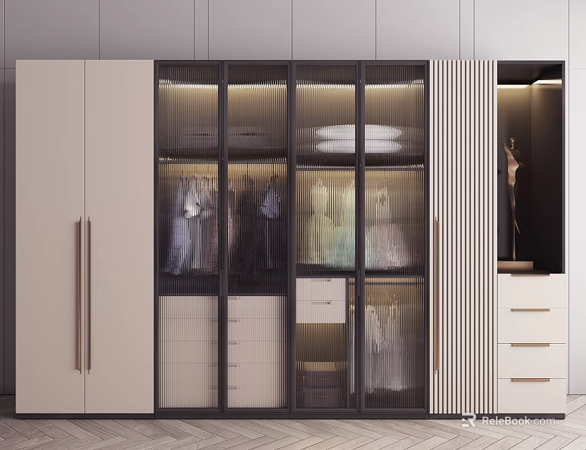 Modern Wardrobe Interior With Glass Doors Hanging Clothes Folded Garments Golden Handles And Vertical Stripes 3d model 