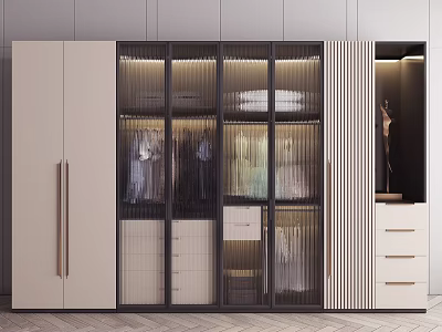 Modern Wardrobe Interior With Glass Doors Hanging Clothes Folded Garments Golden Handles And Vertical Stripes 3d model