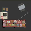Colorful Food Stall Display With Red Tablecloth Food Boxes Floor Lamp And Folding Chair