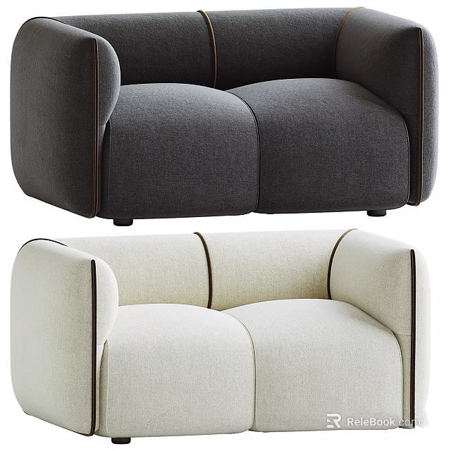 Modern Upholstered Double Sofas In Dark Gray And Cream White With Rounded Arms And Stitched Details 3d model 
