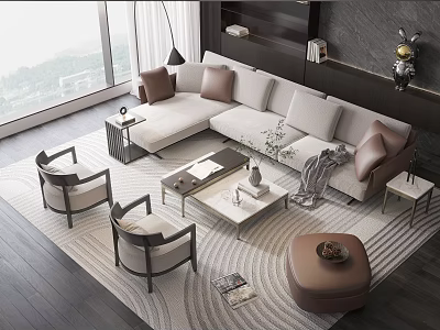 Modern Living Room Sofa Coffee Table Set With Pillows Chairs Side Tables And Area Rug 3d model