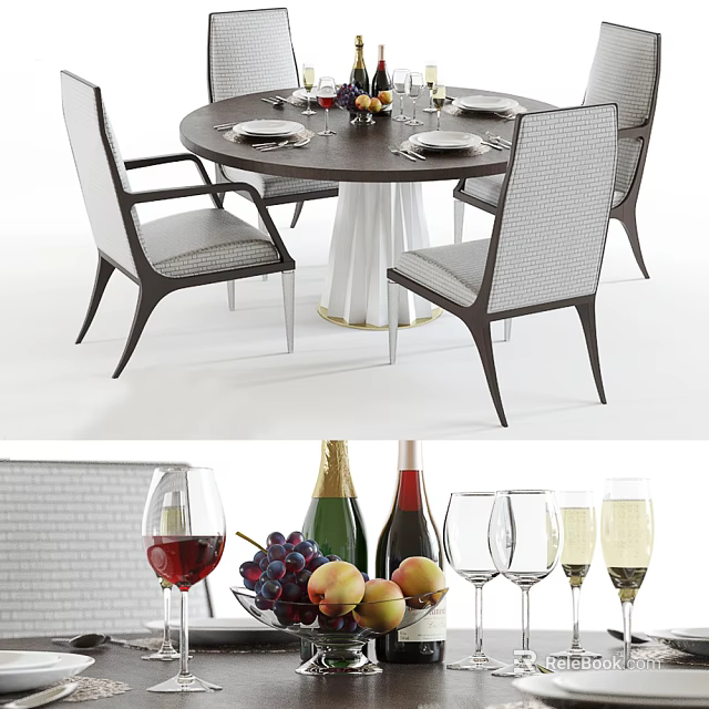 Modern Dining Table Set With Chairs Fruits Wine Glasses And Tableware 3d model