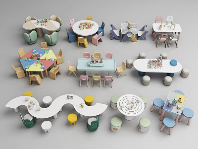 Colorful Kids Table Set with Chairs Different Shapes for Play and Study Time 3d model