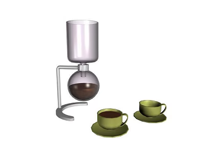 Green Coffee Mugs With Saucers Next To Silver Coffee Apparatus Holding Coffee 3d model