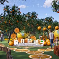Vibrant Orange Themed Scenic Wall with Fruit Trees and Decorative Elements in Leisure Space