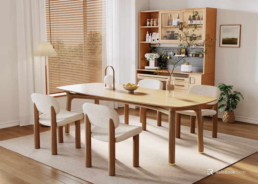 Cozy Wooden Dining Table Set With Four Chairs Window Blinds Area Rug And Potted Plant 3d model 