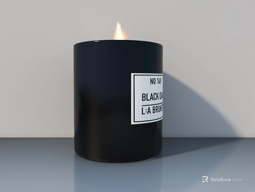 Lit Black Candle With LA BRUKET Label On Gray Tabletop And White Wall 3d model 