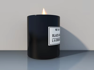 Lit Black Candle With LA BRUKET Label On Gray Tabletop And White Wall 3d model