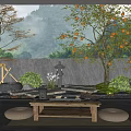 Traditional Garden With Orange Fruit Trees Stone Wall Lantern Table Round Cushions And Misty Mountain