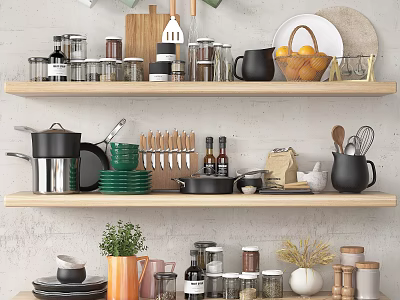 Neatly Arranged Kitchen Utensils On Wooden Shelves With Pots Dishes Mugs And Spices 3d model