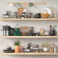 Neatly Arranged Kitchen Utensils On Wooden Shelves With Pots Dishes Mugs And Spices