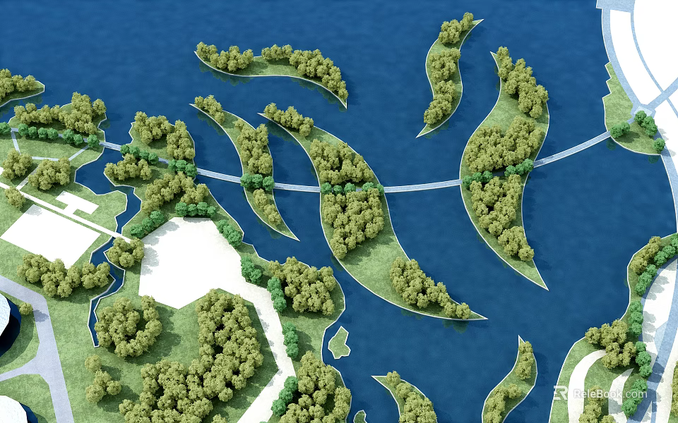Birds Eye View Planning Design With Curved Green Islands Lush Trees And Bridge Over Blue Water 3d model 