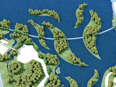 Birds Eye View Planning Design With Curved Green Islands Lush Trees And Bridge Over Blue Water 3d model