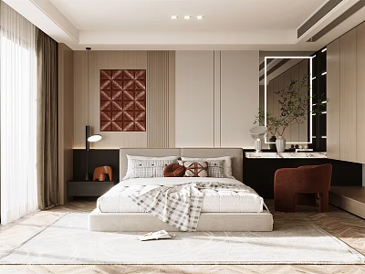 Modern Bedroom Interior With Comfortable Bed Decorative Art Nightstand Lamp And Soft Rug 3d model
