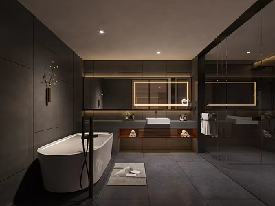 Sleek Dark Modern Bathroom Interior With Freestanding Bathtub LED Backlit Mirror And Frameless Glass Shower 3d model