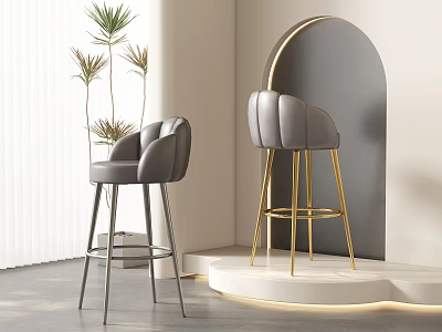 Modern Bar Stools With Gray Leather Curved Back Gold Metal Legs And Plant 3d model