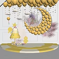 Inflatable Moon Decoration with Yellow Spheres Pink Decorations Stars Gingerbread Man and Platform