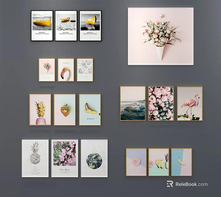 Colorful Framed Decorative Wall Art With Pineapple Flamingo Flower And Seascape Prints On Gray Wall 3d model 