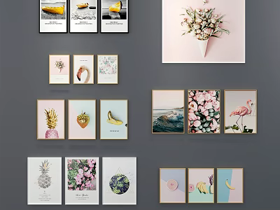 Colorful Framed Decorative Wall Art With Pineapple Flamingo Flower And Seascape Prints On Gray Wall 3d model