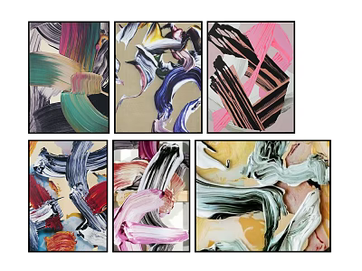 Colorful Abstract Paintings Showcasing Dynamic Brushstrokes And Vibrant Color Compositions In Multiple Panels 3d model