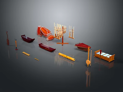 Collection of Musical Instruments and Art Supplies with Guitar Brushes Paint Palette and Drawing Tools 3d model