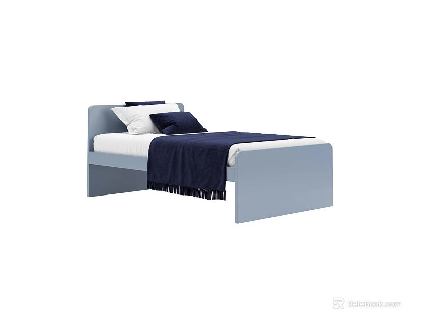 Light Blue Kids Bed With Modern Simple Design White Mattress Pillows And Tassel Blanket 3d model 