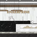 Modern Office Front Desk Reception With Enterprise Logo Black Marble Counter And Red Flower Bouquet