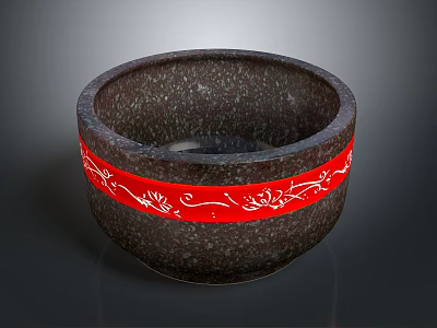Dark Colored Ceramic Bowl with Red Exterior Band and White Floral Patterns 3d model
