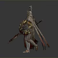 Fantasy Medieval Warrior Sculpture with Horned Helmet Armor Weapon Shield Red Accents