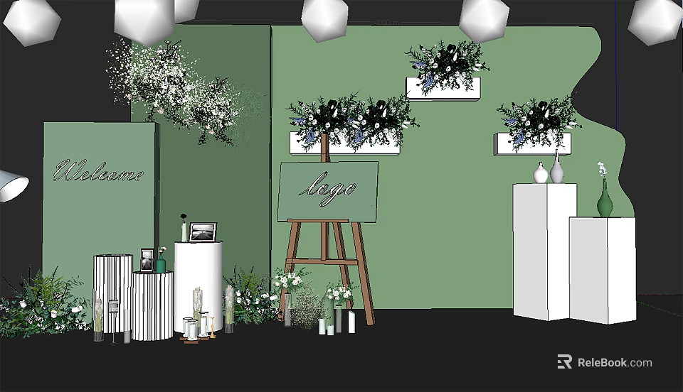 Elegant Photo Check-in Spot With Green Wall Flower Arrangements Easel Logo And White Pillars 3d model 
