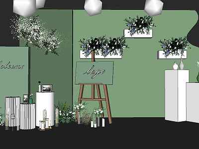 Elegant Photo Check-in Spot With Green Wall Flower Arrangements Easel Logo And White Pillars 3d model