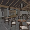 Traditional Chinese Restaurant Interior Featuring Wooden Roof Hanging Lights Round Tables And Chairs