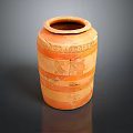Ancient Striped Orange Brown Pottery Jar With Detailed Carvings And Designs