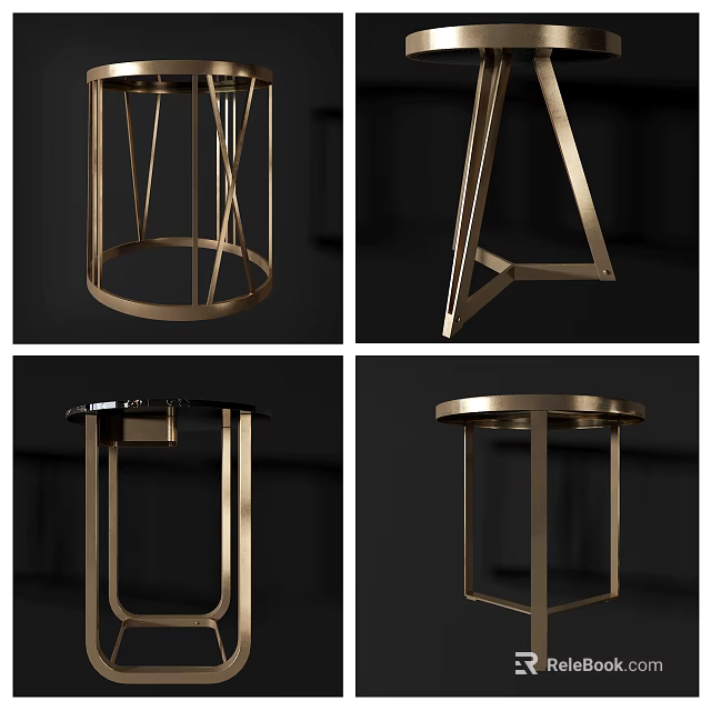 Modern Round Side Tables With Golden Metal Frames And Geometric Base Designs 3d model 