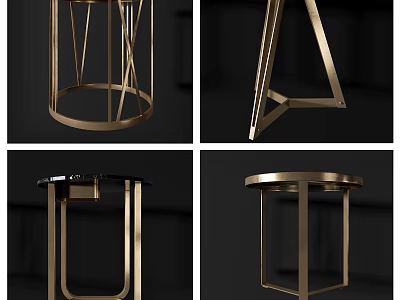 Modern Round Side Tables With Golden Metal Frames And Geometric Base Designs 3d model